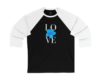 AQUA BLUE Hibiscus, White Letter LOVE, Black Baseball Tee, Unisex 3\4, White Sleeve