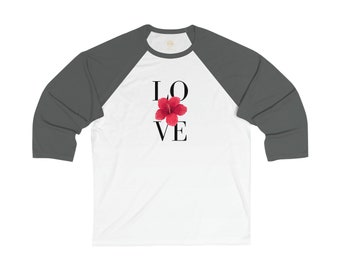 Red Hibiscus, Grey LOVE, Baseball Tee, Unisex 3\4  Grey Sleeve