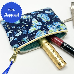 Petite pochette zippée en tissu papillon bleu fait main, organisateur de sac à main à imprimé floral, portefeuille minimaliste, porte-monnaie, pochette plate avec fermeture éclair