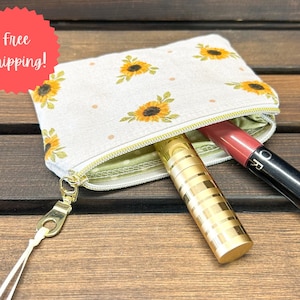 Handmade sunflower small fabric zipper pouch, cream floral print purse organizer, minimalist wallet, coin purse, flat pouch with zipper
