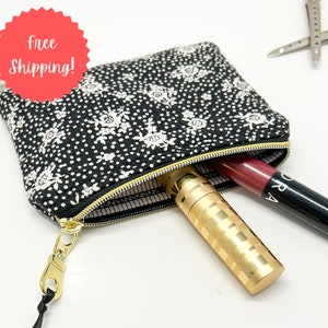 Handmade black polka dot small fabric zipper pouch, floral print purse organizer, minimalist wallet, coin purse, flat pouch with zipper