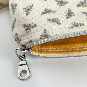Handmade polka dot bee cosmetic bags, small and large makeup zipper pouch, standing toiletry bag, floral print travel purse organizer