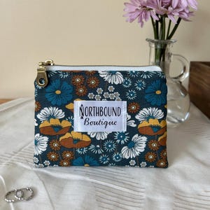 Handmade Teal and Rust Retro Floral Print Zipper Pouch