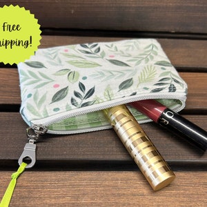 Handmade leaves and polka dot small fabric zipper pouch, floral print purse organizer, minimalist wallet, coin purse, flat pouch with zipper
