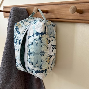 Handmade Blue Dragonfly Floral Print Box Pouch Quilted Cosmetic Bag