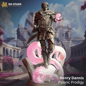 May include: A detailed miniature figurine of a male figure with a flowing cloak and a swirling pink energy effect around him. The figure is standing on a rocky base with the text "Henry Dannis Psionic Prodigy" below.