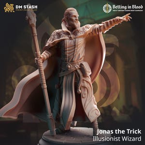 May include: A detailed miniature figurine of a wizard, Jonas the Trick, wearing a long robe with intricate designs and holding a staff. The figurine is painted in a brown colour and is standing on a circular base.