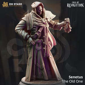 May include: A detailed miniature figure of a skeletal figure wearing a hooded robe and mechanical arms. The figure is holding a chain with a gear on the end. The figure is painted in shades of grey and purple. The figure is labelled "Senetus The Old One" and is part of the "Cogs of Revolution" series.