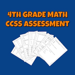 May include: A stack of black and white printable worksheets for a 4th grade math assessment. The worksheets have multiple choice questions and diagrams.