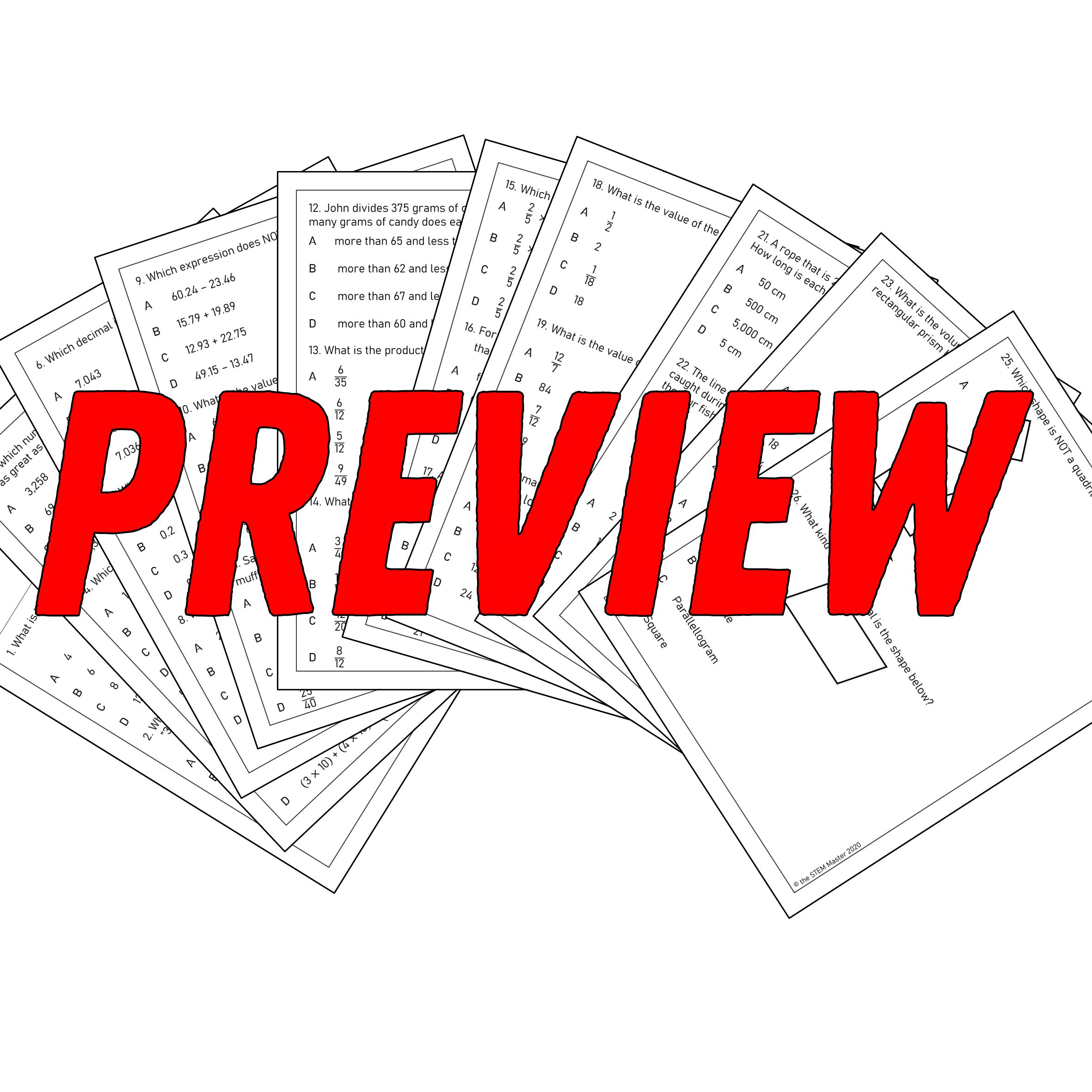 5th Grade Math Common Core Assessment Printable Practice Test ...