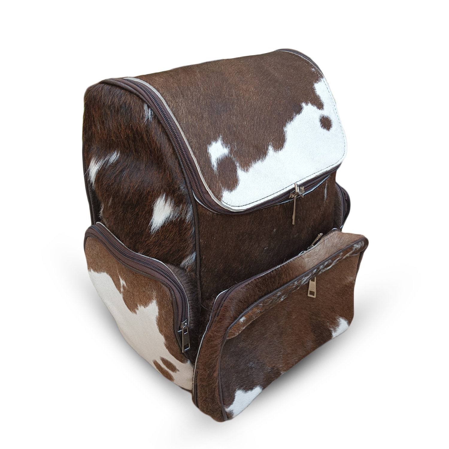 Cowhide Hair Print Leather Diaper Backpack - Brown & White Fur Backpack For Travel, Baby Gear & Daily Use - View #10