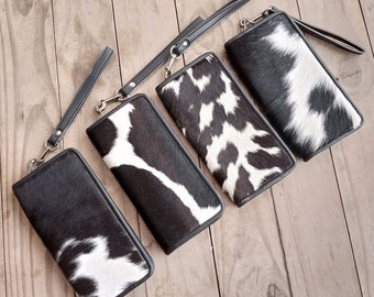 Real Cowhide Leather Wristlet Clutch Purse Wallet Handbag Black White Lined Double Sided 8"x4" Mother's Day birthday bridesmaid gifts