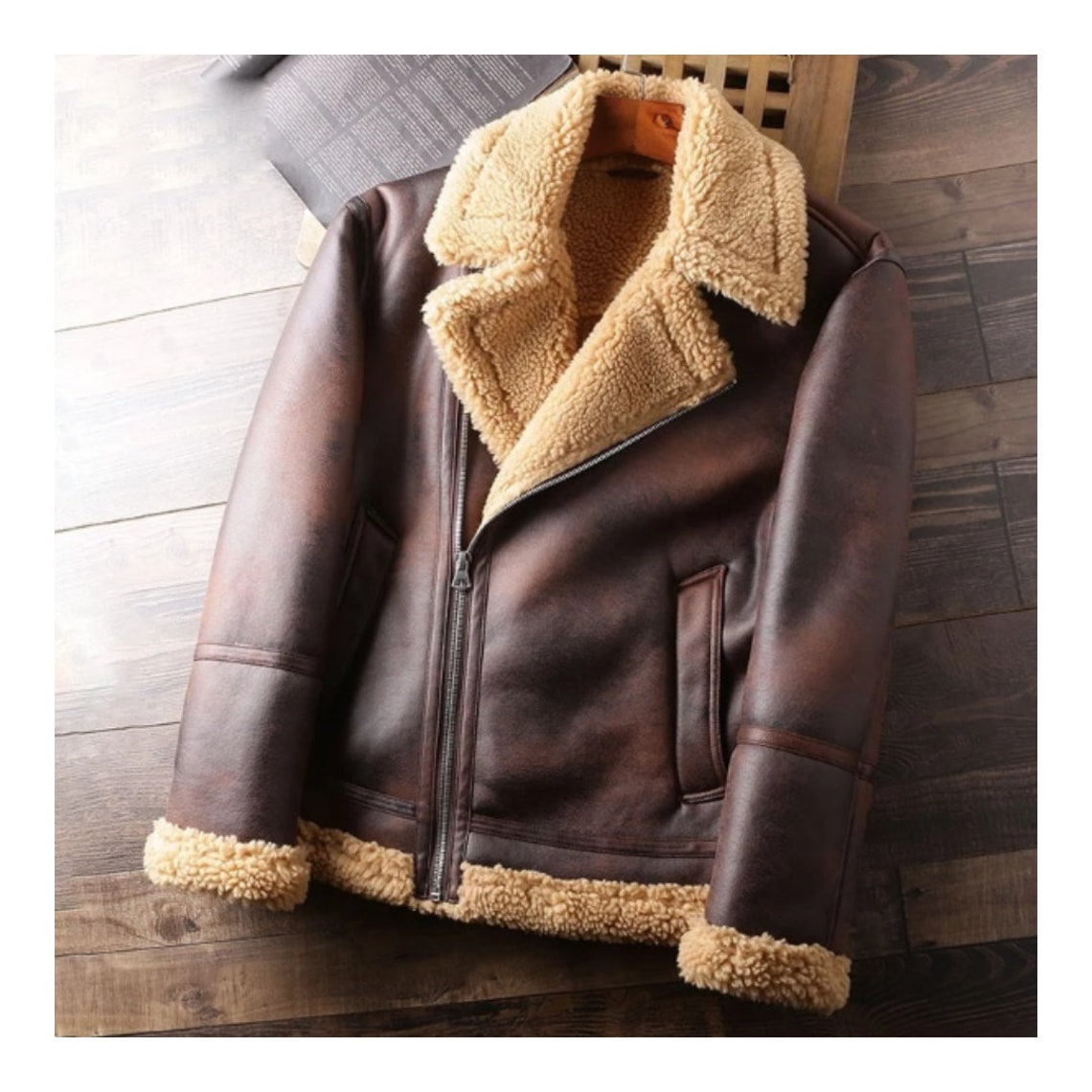 Men's Distressed Brown Real Leather Shearling Fur Bomber - Etsy