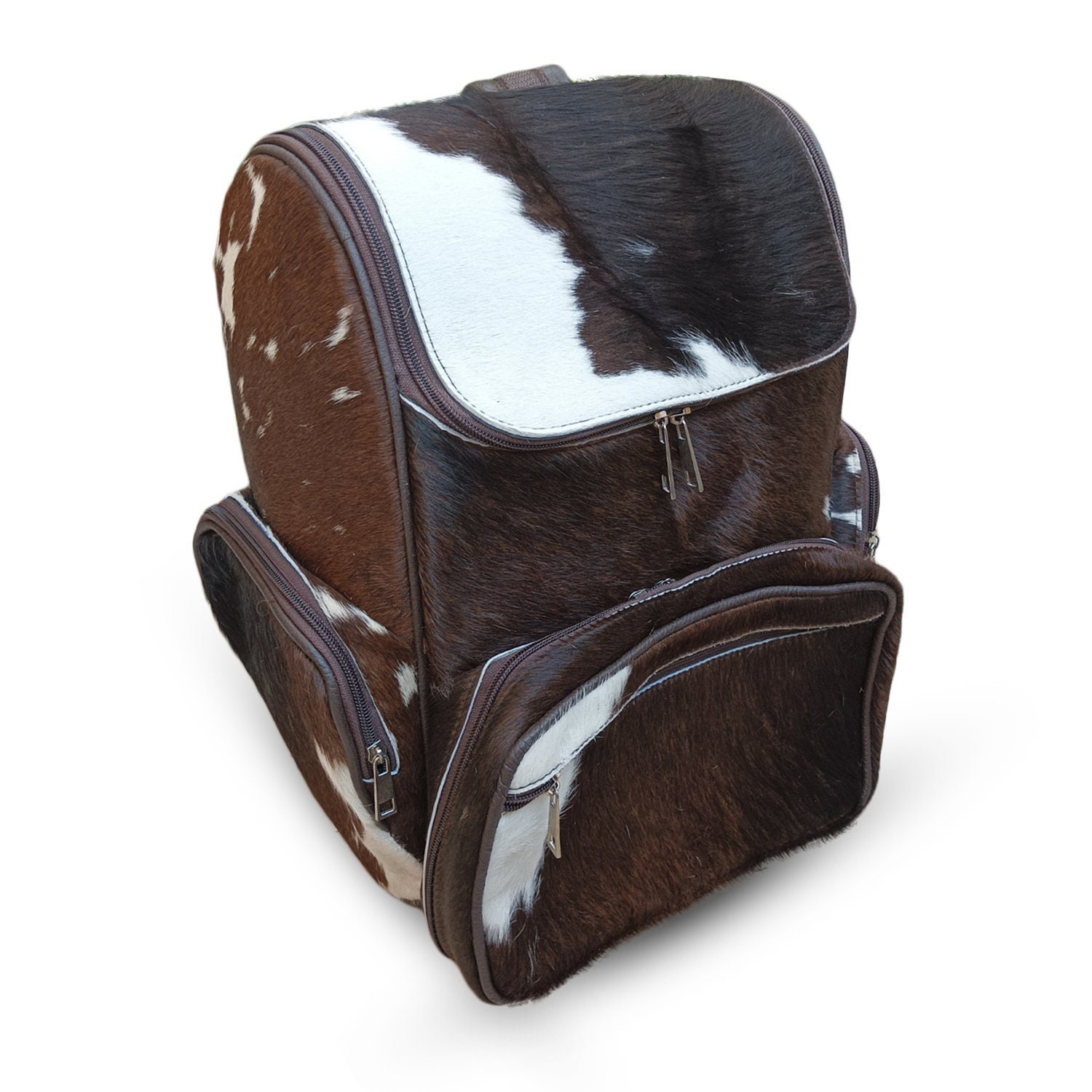 Cowhide Hair Print Leather Diaper Backpack - Brown & White Fur Backpack For Travel, Baby Gear & Daily Use - View #8