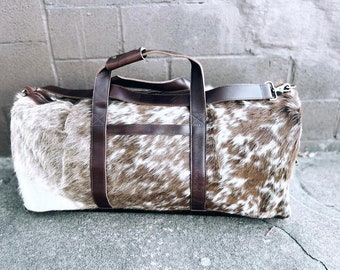 Cowhide Leather Duffel Bag | Leather Weekender Duffel Bag | Cowhide Hair on Bag | Grey Beige Cowhide Duffel Overnight Travel Bag | Large Bag