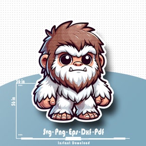May include: A cartoon illustration of a Yeti, a mythical creature, with brown hair, a white body, and a grumpy expression. The Yeti is standing with its arms crossed and has a white beard.