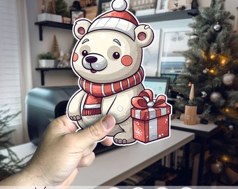 Christmas Polar Bear Clipart, Gift Box SVG PNG (Digital Download)
