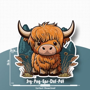 Highland Kuh mit flauschigem Fell Süße Highland Kuh entzückende Rinder Clip Art Heffer Digital Art PNG, SVG, PDF