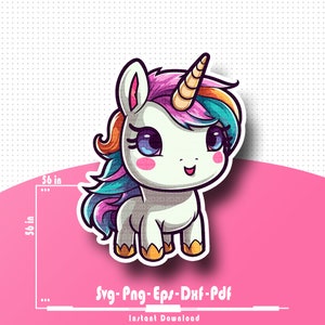 Regalo a tema unicorno, clipart di unicorno carino in formato svg, festa per bambini con unicorno, clipart Chibi, PNG, SVG, PDF, DXF, file di download digitale
