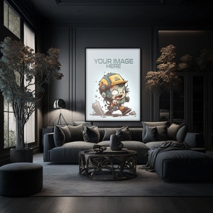 Puede incluir: Una imagen enmarcada en negro con una ilustración de dibujos animados de un personaje verde y amarillo que lleva un casco y sostiene una herramienta. El texto "YOUR IMAGE HERE" está en la parte superior de la imagen.