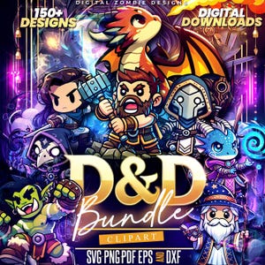 May include: A digital clipart bundle of 150+ Dungeons & Dragons characters and monsters. The characters are in a cartoon style and include a dragon, a wizard, a warrior, a goblin, and a cleric. The text "D&D Bundle" is in a gold font and the text "Clipart" is in a white font. The text "SVG PNG PDF EPS DXF" is in a black font.