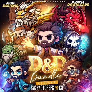 May include: A digital art bundle featuring various fantasy characters and creatures, including dragons, wizards, and warriors. The image has the text "D&D Bundle Clipart" and "300+ Designs". Formats include SVG, PNG, PDF, EPS, and DXF.