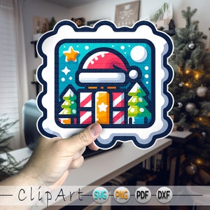 Lindo sello de Navidad Clipart rojo verde y blanco ilustración pegatina Kawaii digital decoración navideña carta del Polo Norte