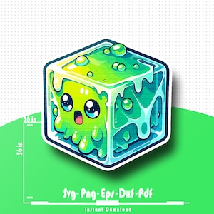 May include: A green and blue cartoon slime cube with a cute face and gooey texture. The cube is 14.2 cm wide and 14.2 cm tall.