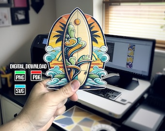Hawaiiaanse surfplank strandscène kunst (SVG/PNG/PDF)