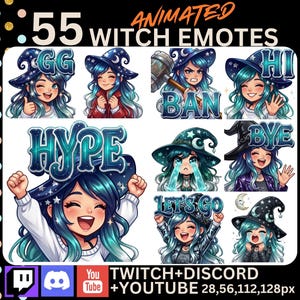 May include: A collection of 55 animated witch emotes featuring a character with blue hair and a star-patterned hat. The emotes include text such as GG, BAN, HI, HYPE, BYE, and LET'S GO, designed for use on platforms like Twitch, Discord, and YouTube.