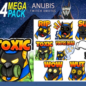 Op de afbeelding: Een set van 24 Twitch-emotes met een zwarte en gele cartoon Anubis met verschillende uitdrukkingen. De emotes omvatten "RIP", "Toxic", "You're Dead", "Sus", "Wow" en "Wut".