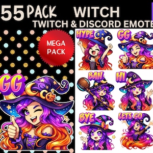May include: A collection of witch-themed Twitch and Discord emotes. The emotes feature cartoon witches with purple and orange hair, wearing witch hats. Text includes "HYPE", "GG", "BAN", "HI", "BYE", and "LET'S GO". The background is black with gold and blue polka dots.