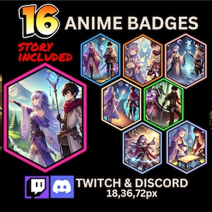 16 Anime Badges Twitch Discord Kick Sub Bit Badges Japanese Emotes Honor Streamers VTubers Transparent PNG Clipart AI-Art