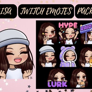 Op de afbeelding: Een set van 8 Twitch-emotes met een cartoonfiguur met bruin haar en verschillende uitdrukkingen. De emotes omvatten "Hype", "Raid", "Lurk" en een personage met een beanie.