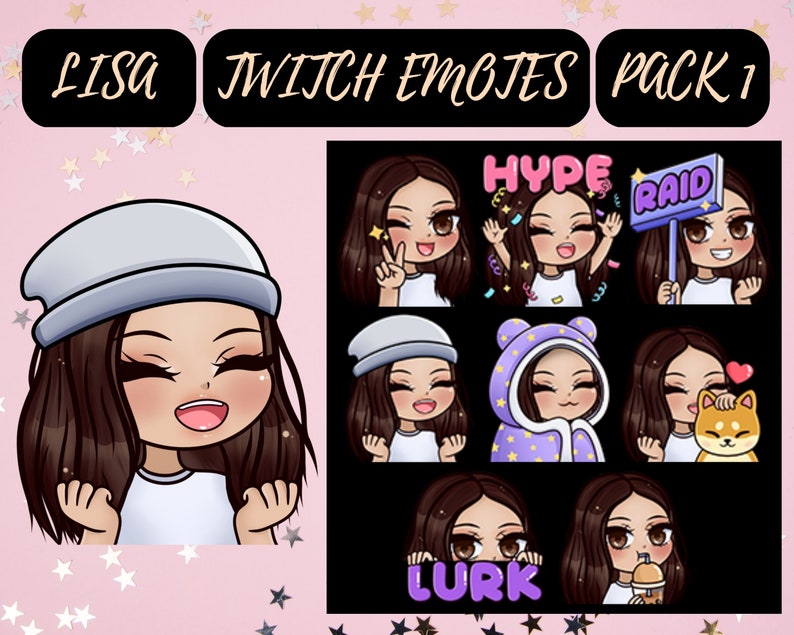 Op de afbeelding: Een set van 8 Twitch-emotes met een cartoonfiguur met bruin haar en verschillende uitdrukkingen. De emotes omvatten "Hype", "Raid", "Lurk" en een personage met een beanie.