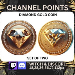 May include: Two gold coins with a diamond design. The coins are surrounded by a gold rim with a row of small diamonds. The text "DIAMOND GOLD COIN" is above the coins. The text "SET OF TWO" is below the coins. The text "TWITCH & DISCORD 18,28,36,56,72,112px" is below the text "SET OF TWO".