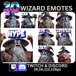 May include: A set of 30 animated Twitch and Discord emotes featuring a wizard with a white beard and blue eyes. The emotes include text such as "GG", "BAN", "HI", "HYPE", "BYE", "LET'S GO", and "LOL". The emotes are available in sizes 28, 56, 112, and 128 pixels.