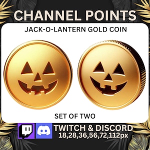 May include: Two gold-colored coins with a Jack-o-Lantern face design. The coins are round with a ridged edge. The text "CHANNEL POINTS" and "JACK-O-LANTERN GOLD COIN" are at the top. The text "SET OF TWO" is below the coins. The image also includes Twitch and Discord logos.