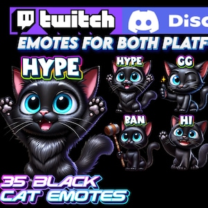 35 個の黒猫の絵文字 Twitch Discord キック サブ ビット バッジ 絵文字 エモート ストリーマー VTuber 透明な PNG クリップアート AI アート