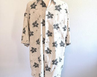 Camicia hawaiana Summa Vintage 100% seta da uomo, taglia L, beige, grigia, floreale, stile Y2K, da spiaggia.