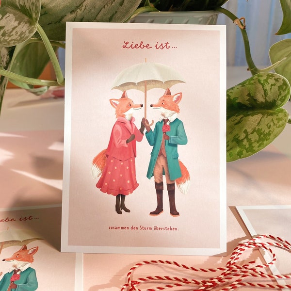 Romantische Fuchs Valentinstags-Karte - Liebe ist Zusammenhalt, Liebespaar mit Schirm