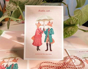 Romantic fox Valentine's Day card - love is togetherness, lovers with umbrella