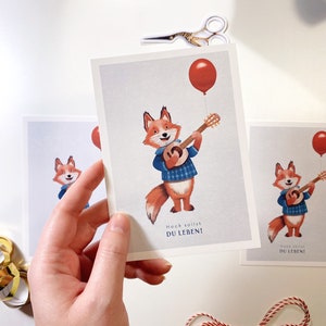 Fuchs Geburtstagskarte – mit Gitarre und Ballon, Perfekt für Glückwünsche und als Geschenkidee geeignet!