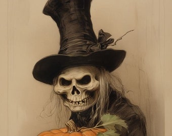 Vintage Halloween Art Print: Spooky Skeleton & Pumpkin (Digital Download)