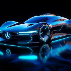 May include: A sleek, futuristic, blue electric car with glowing blue accents and a black background.