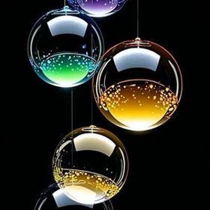 May include: Five clear glass globe pendant lights with colorful gradients of purple, green, yellow, and red. Each globe has a reflective top and is suspended by a thin wire against a black background.
