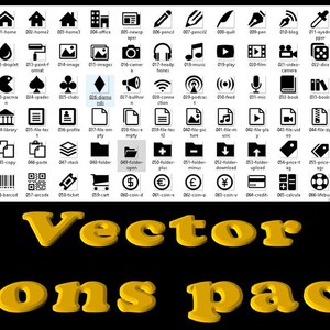 May include: A black and white vector icon pack with 64 icons. The icons are arranged in a grid and include icons for home, office, music, video, camera, folder, download, upload, price tag, cart, coin, credit card, calculator, and more.