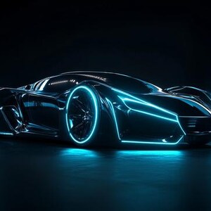 May include: Futuristic black sports car with neon blue accents. The car's design features glowing blue lines outlining the body and wheels, set against a dark background. The sleek, modern vehicle is illuminated with blue light.