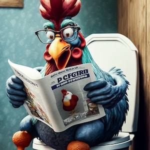 Peut inclure: Illustration humoristique d'un coq de dessin animé portant des lunettes et lisant un journal sur des toilettes. Le coq a un plumage bleu, rouge et orange. Le journal affiche le texte "PCFGIRO" et une image de coq.