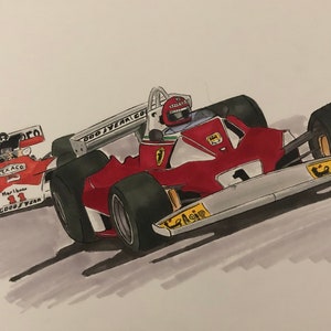 James HUNT vs Niki LAUDA 1976 Formula 1 artwork hand made in pen and posca (professional felt tip pens) in A4 format - limited edition of 10